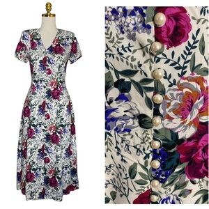 Vintage DBY LTD Botanical Floral Cottagecore pink green blue white Dress Size 3